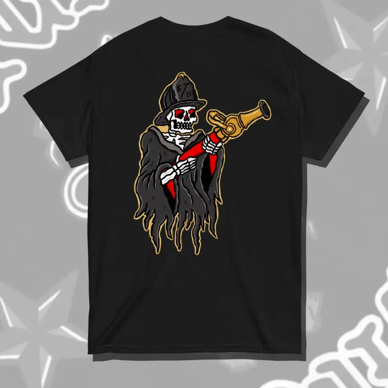 Black Pipeman Reaper Fitted Tri-Blend T-Shirt featuring a skeleton in a hooded robe