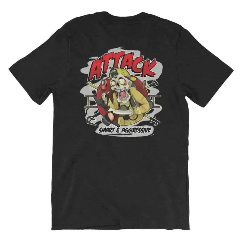 Black T-shirt with cartoon-style ATTACK dog graphic in Heather Midnight Navy design