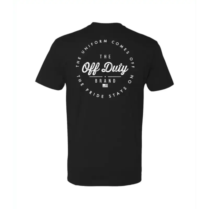 Black Off Duty Essential Tee featuring circular Off Duty Brand logo design