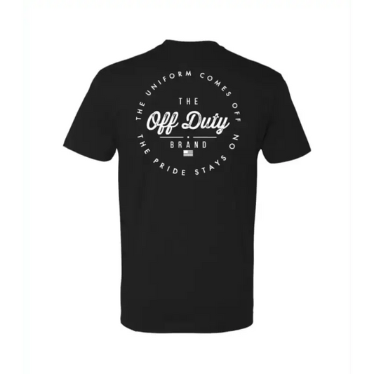 Black Off Duty Essential Tee featuring circular Off Duty Brand logo design