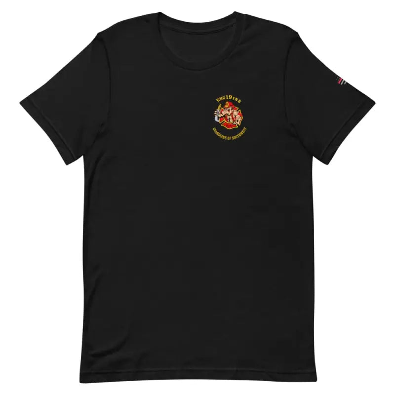 Black T-shirt with circular emblem, part of Engine 19 collection, available in dark grey heather