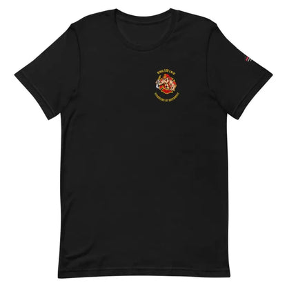 Black T-shirt with circular emblem, part of Engine 19 collection, available in dark grey heather