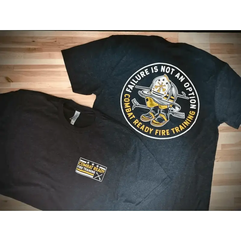 Shortsleeve black soft t-shirt with circular firefighter logo and yellow helmet design