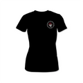 Black Woman’s Skully Tee featuring a small circular logo on the chest