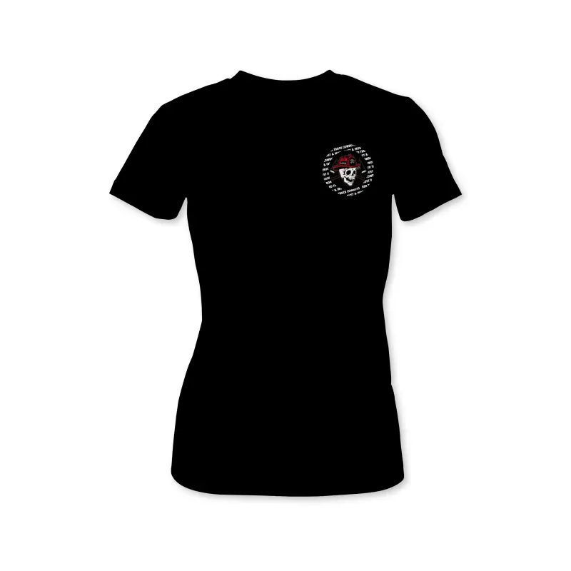 Black Woman’s Skully Tee featuring a small circular logo on the chest