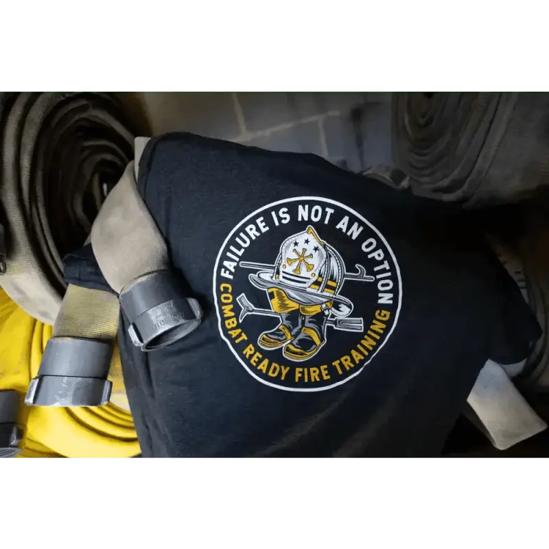 Black soft t-shirt with cartoon firefighter patch and Failure is not an option text