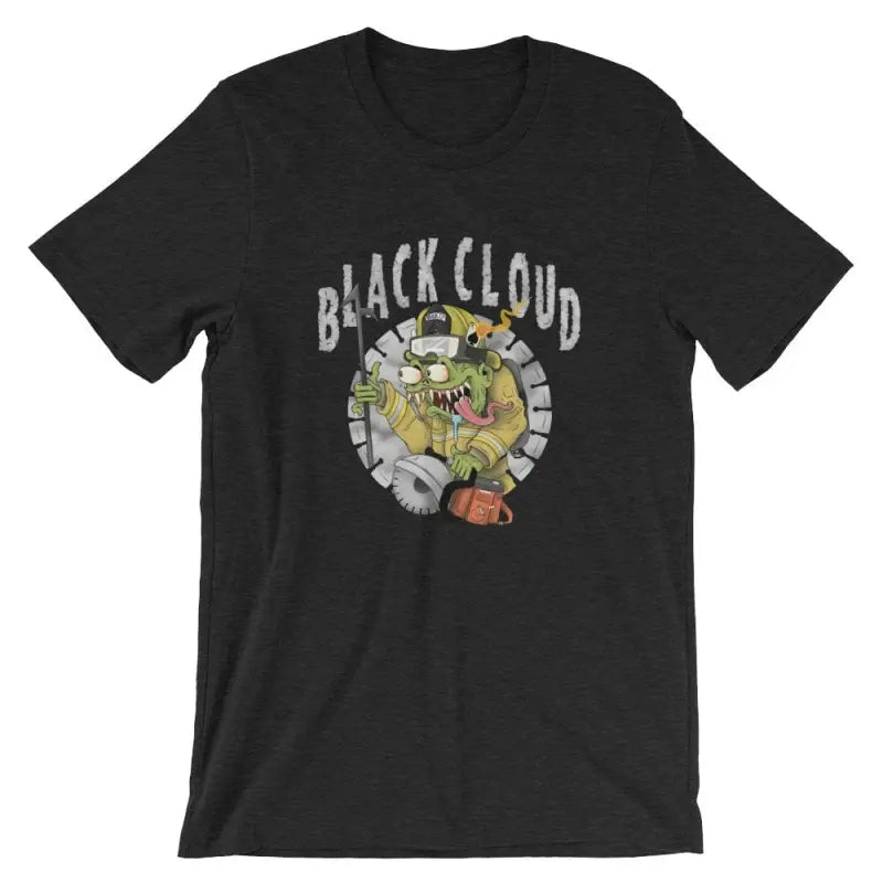 Black Cloud Monster t-shirt with yellow and gray design on heather midnight navy fabric