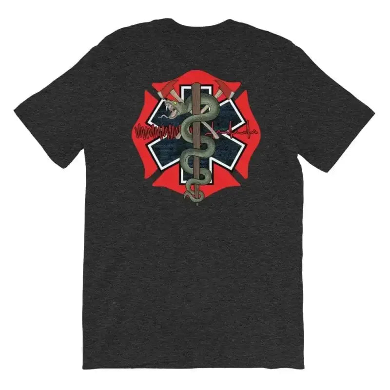 Black t-shirt with firefighter and EMS logo on the back in Dark Grey Heather