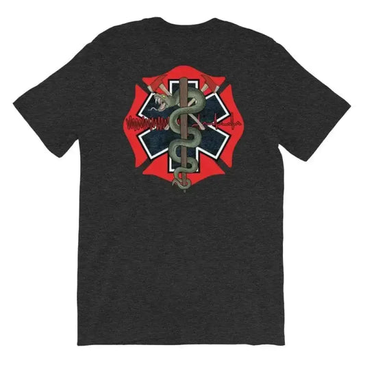 Black t-shirt with firefighter and EMS logo on the back in Dark Grey Heather