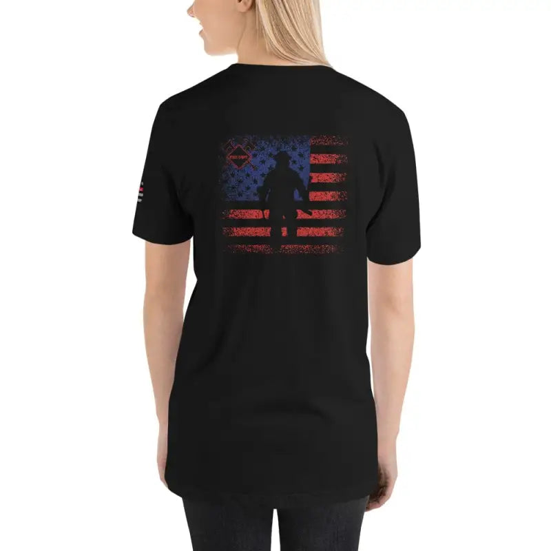 Black t-shirt with distressed American flag and military silhouette design for firefighters