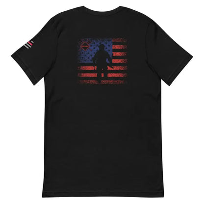 Black T-shirt with distressed American flag and soldier silhouette for Flag Firefighter design