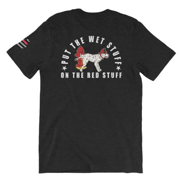 Black Fire Dog Short Sleeve T-shirt in Heather Midnight Navy with dog graphic and text