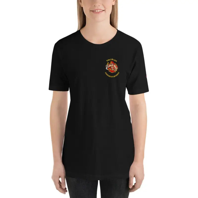 Black t-shirt with embroidered logo, also available in Heather Prism Lilac and Dark Grey Heather