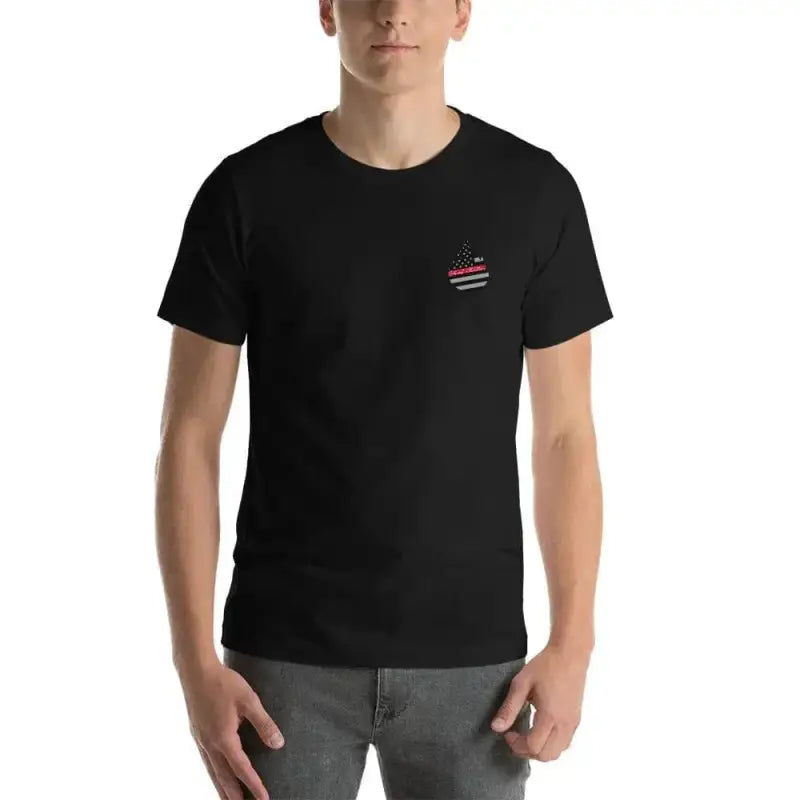 Black Short-Sleeve Unisex T-Shirt with embroidered design on chest in Dark Grey Heather