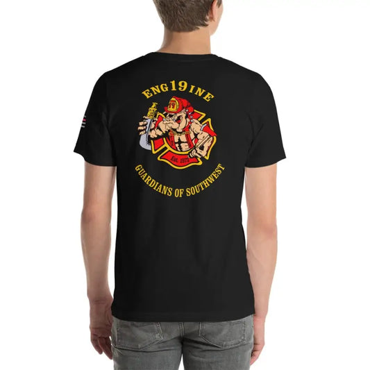 Black short-sleeve unisex t-shirt with firefighter emblem and ENG191NE text, dark grey heather