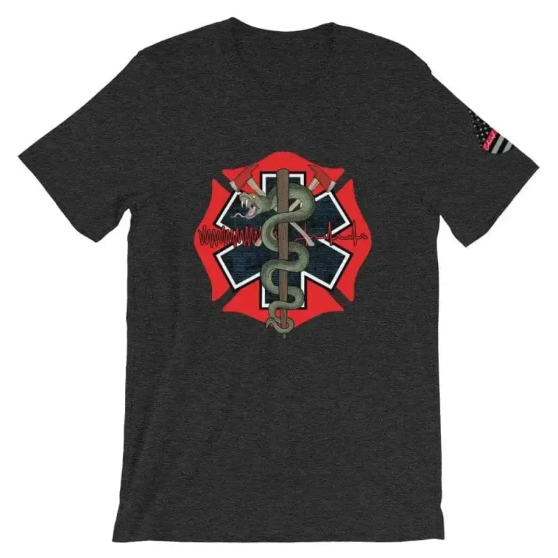 Black t-shirt with firefighter-EMT logo on athletic heather fabric