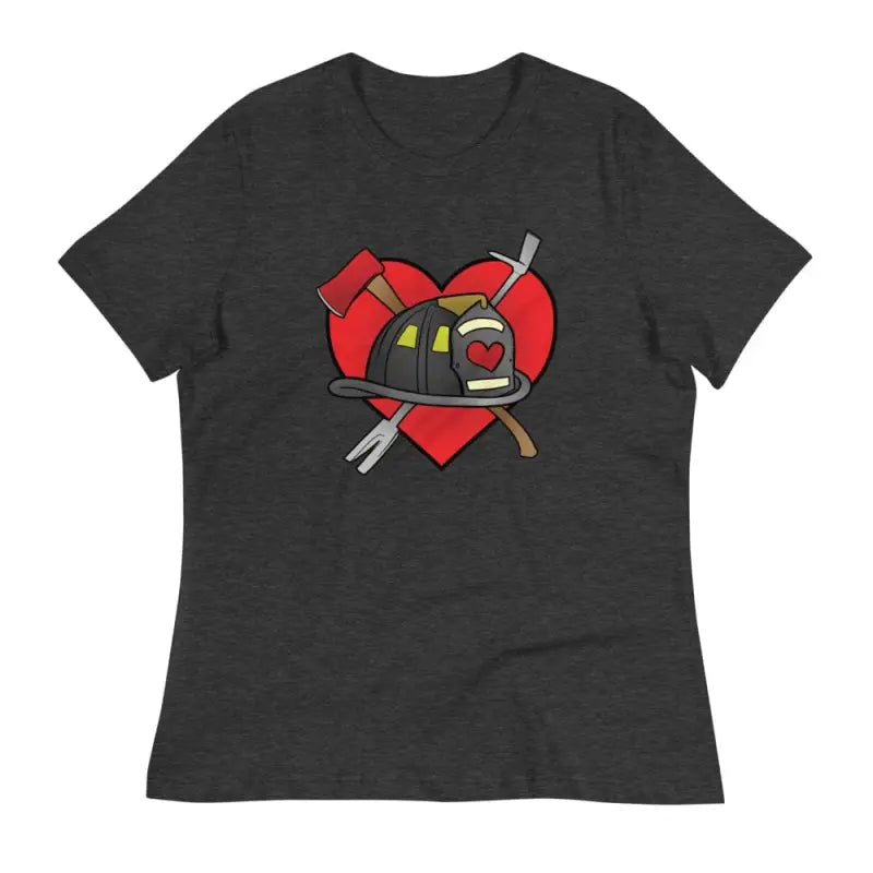 Black t-shirt with firefighter helmet and tools design over red heart for women