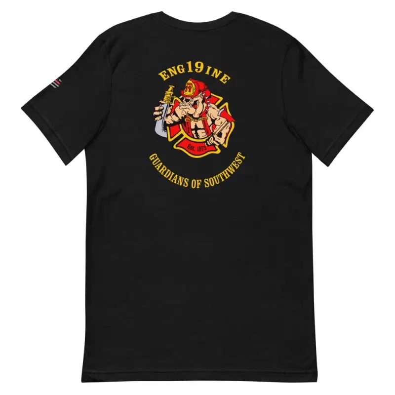 Black t-shirt featuring Firefighter Maltese Cross and ENG191NE Guardians of Southwest design