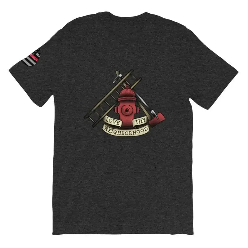 Black t-shirt featuring firefighter graphic Love Thy Neighborhood in Dark Grey Heather