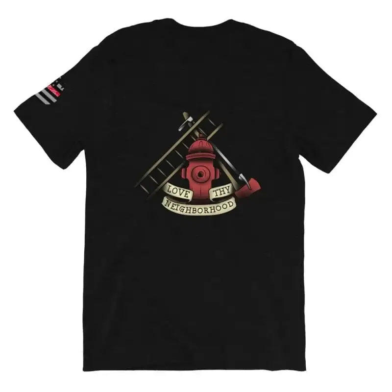 Black Short Sleeve Love Thy Neighborhood T-shirt with firefighter graphic design