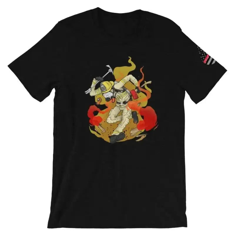 Black t-shirt featuring firefighter graphic, flames, and rescue gear in Dark Grey Heather