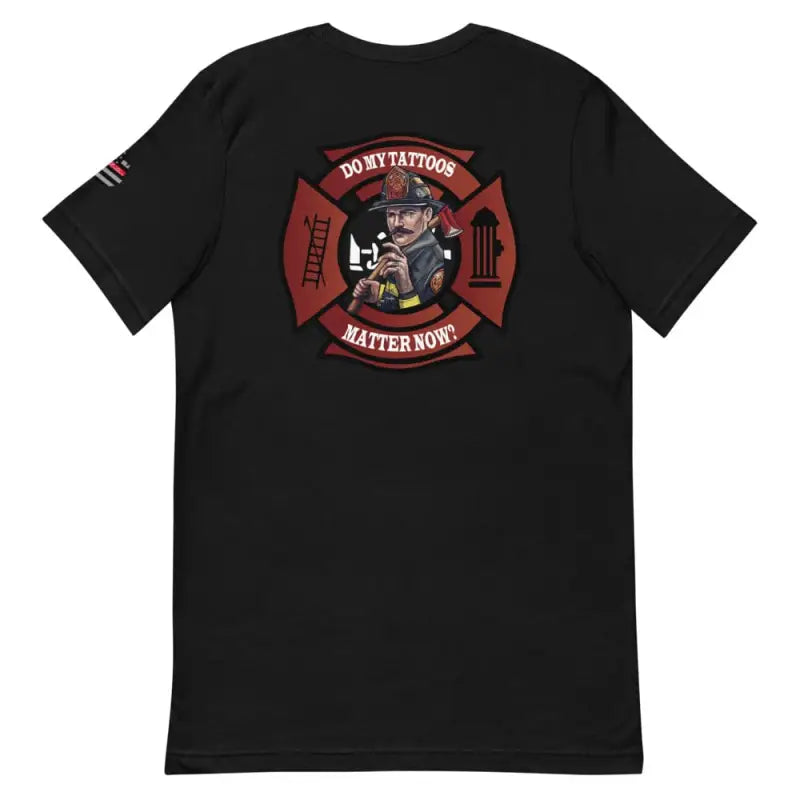 Black t-shirt featuring firefighter Maltese cross design with cartoon pig for unique style