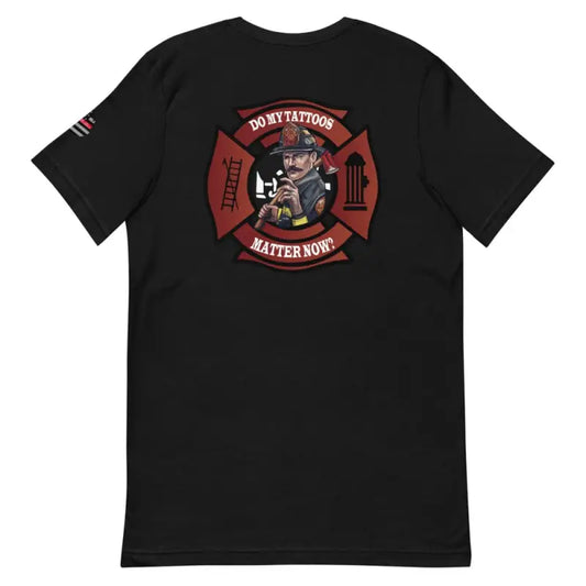 Black t-shirt featuring firefighter Maltese cross design with cartoon pig for unique style