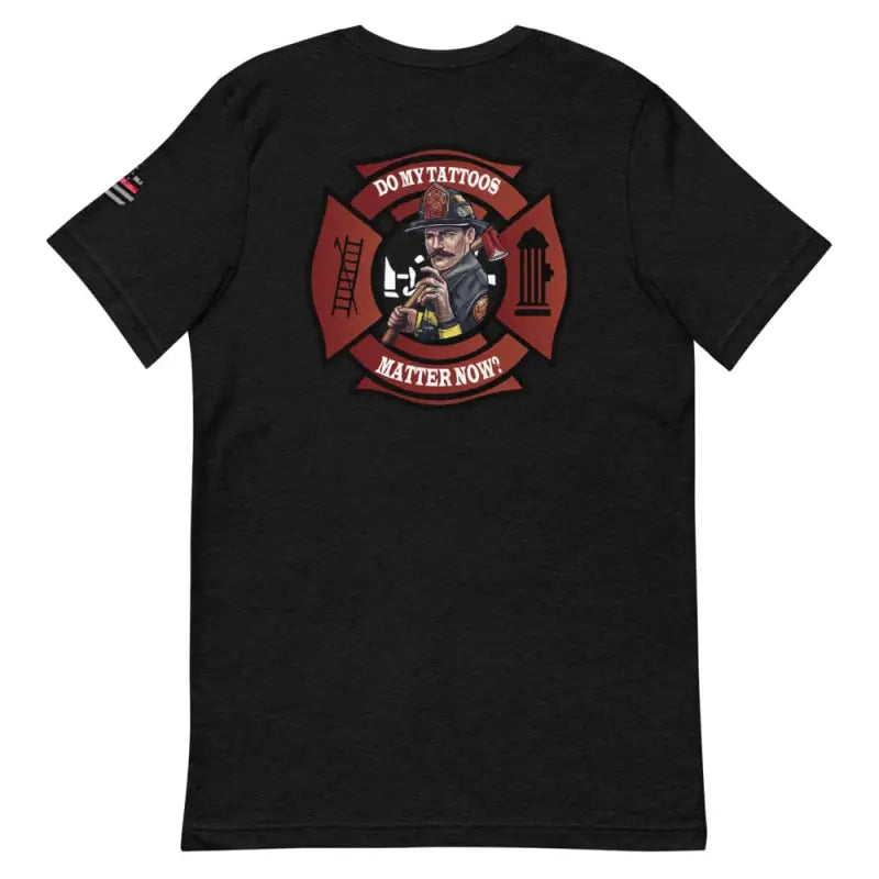 Black short-sleeve t-shirt with firefighter Maltese cross and cartoon pig mascot design