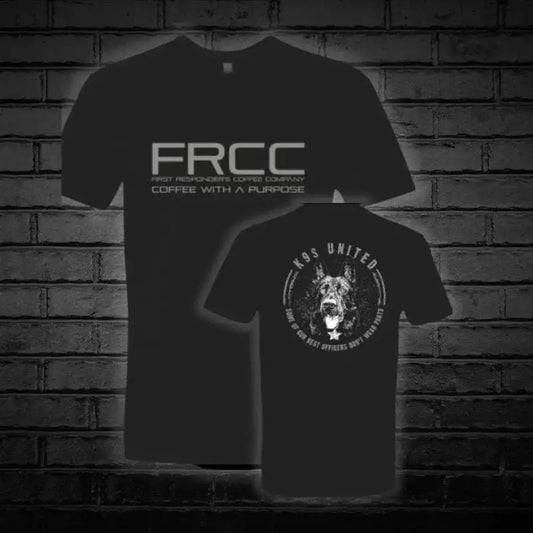 Black men’s women’s shirt featuring FRCC text and dog logo design on the back