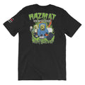 Black Hazmat Certified t-shirt with green cartoon graphic on the back, available in heather midnight navy