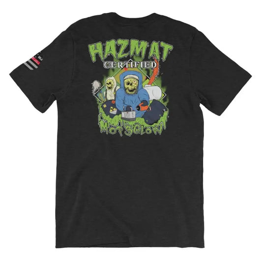 Black Hazmat Certified t-shirt with green cartoon graphic on the back, available in heather midnight navy