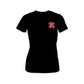 Black Woman’s Staple Tee featuring a small pink logo on the chest