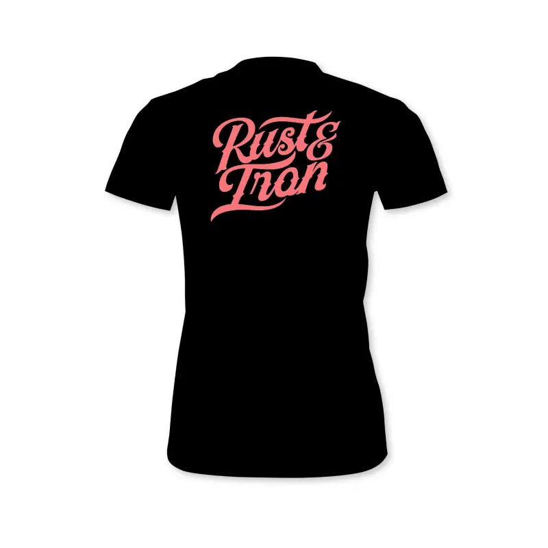 Black Woman’s Staple Tee featuring pink Rust & Iron text design for a stylish look