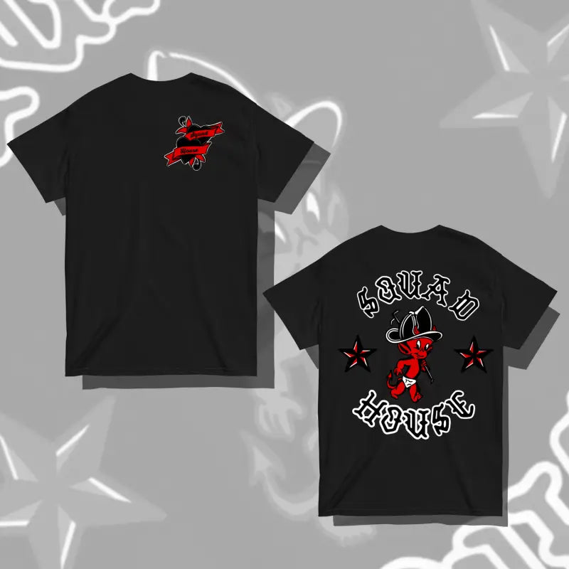 Black Classic Squad House Devil Baby Tee featuring red devil graphics on front and back