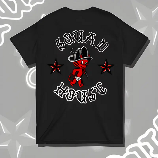 Black Classic Squad House Devil Baby Tee with red dancing figure and star design