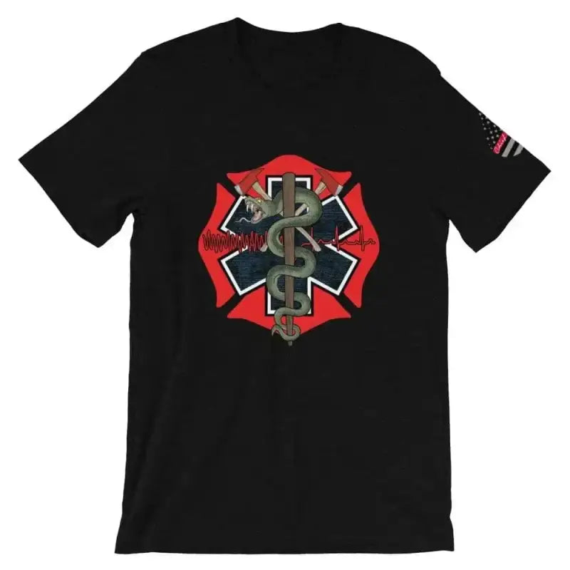 Black t-shirt with red firefighter Maltese cross and caduceus symbol in true royal style