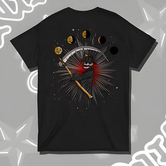 Black t-shirt with red heart, moon phases, and starburst from Squad 9s Notorious Collection