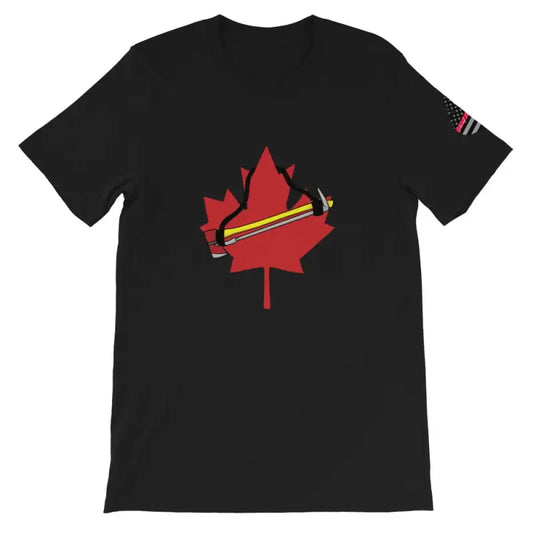 Black Canada Short Sleeve T-shirt with red maple leaf and rainbow stripes design