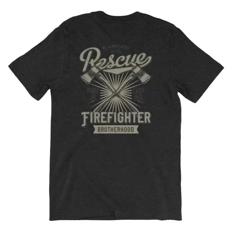 Black Rescue Firefighter Short Sleeve T-shirt with Brotherhood text and crossed axes design