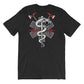 Black short sleeve t-shirt with snake and caduceus design on Heather Midnight Navy