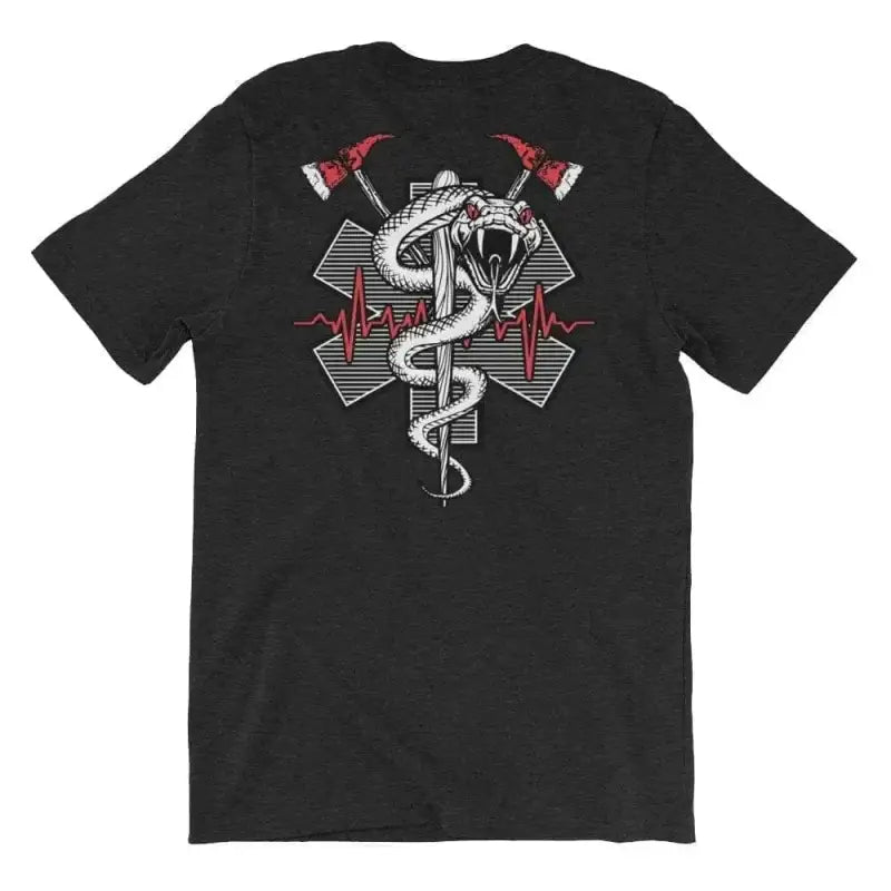 Black short sleeve t-shirt with snake and caduceus design on Heather Midnight Navy