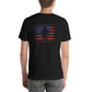 Black t-shirt featuring soldier silhouette and American flag design, perfect for patriotic wear