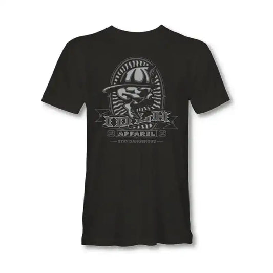 Black t-shirt with vintage mushroom logo design for Screaming Skull, ideal for first responders