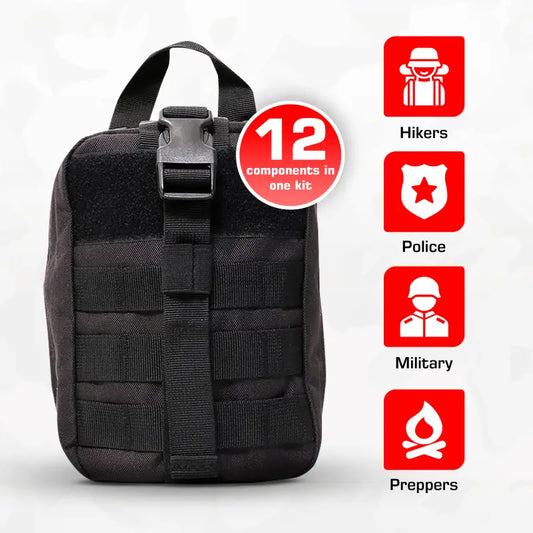 Black tactical first aid kit for first responders, firefighters, and police Trauma IFAK Kit