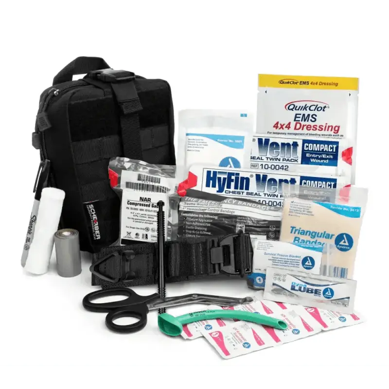 Black tactical Scherber Premium IFAK Kit Trauma Pack with essential medical supplies