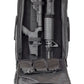 Black tactical backpack with disassembled rifle and removable magazine pouch for discreet carry