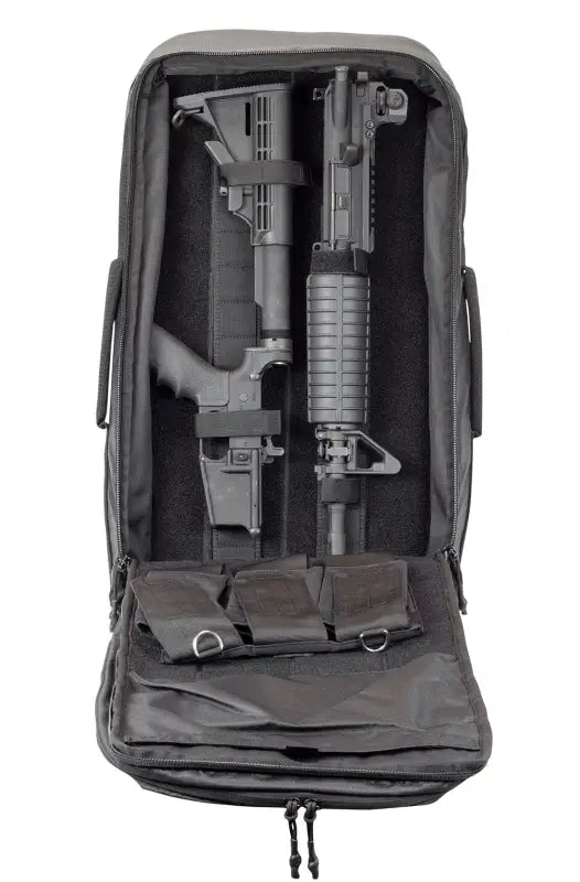 Black tactical backpack with disassembled rifle and removable magazine pouch for discreet carry