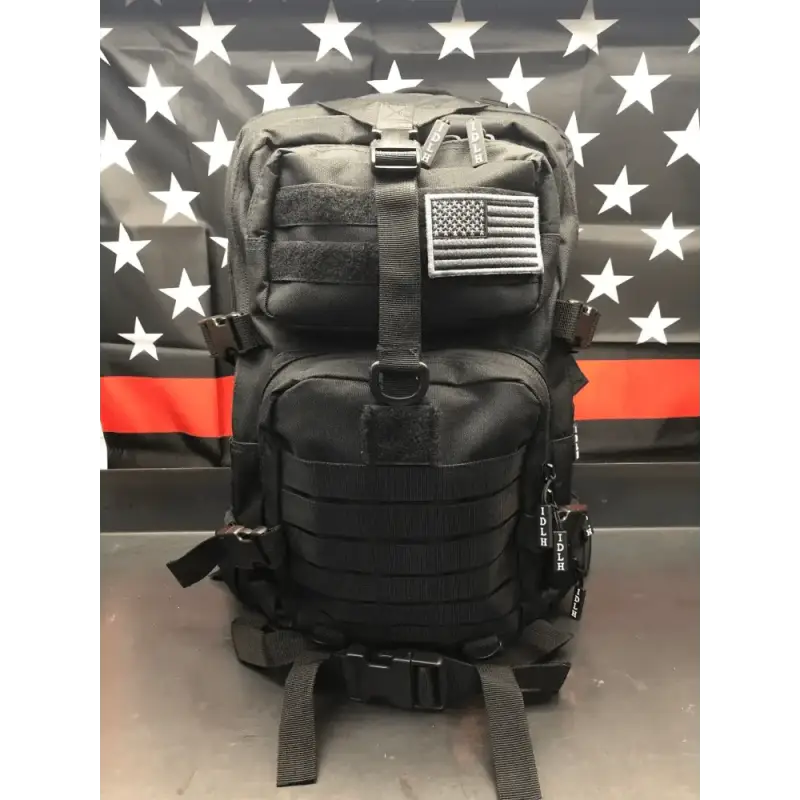 Black IDLH Tactical Backpack with MOLLE webbing and American flag patch