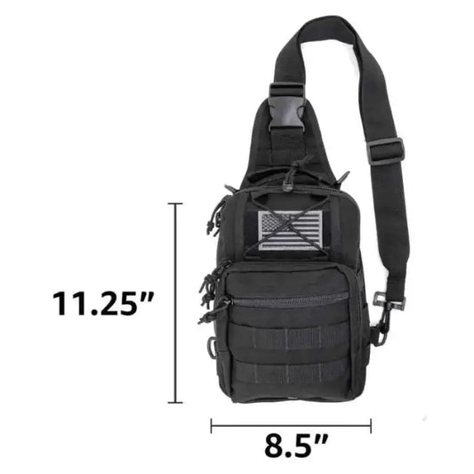 Black tactical sling backpack with MOLLE webbing and American flag patch for bleeding control