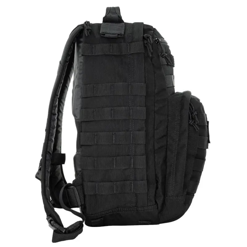 Black tactical trauma backpack with MOLLE webbing and USA flag patch for outdoor use